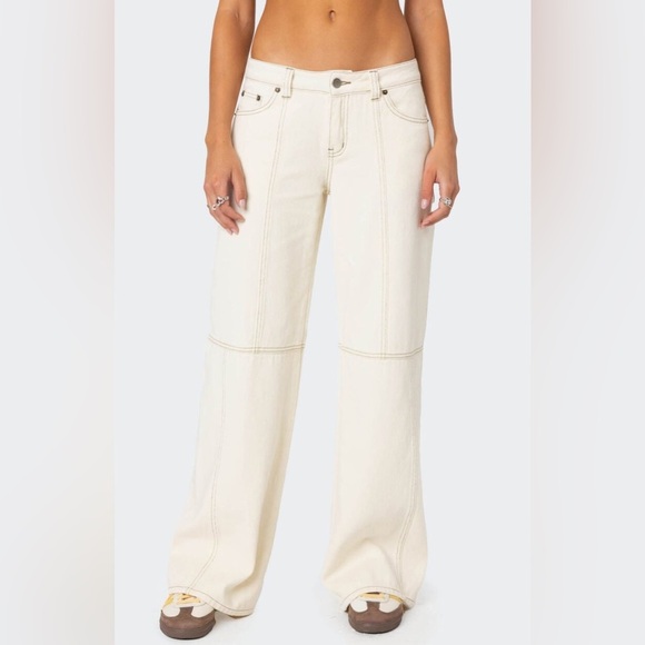 NWOT - Edikted Contrast Stitch Low Rise Jeans in Cream - Size L - Picture 6 of 9